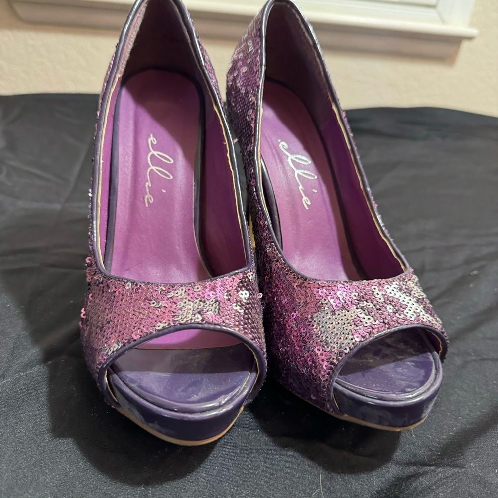 Ellie Purple Sequin Peep-Toe Heels - Size 7 - Picture 8 of 11